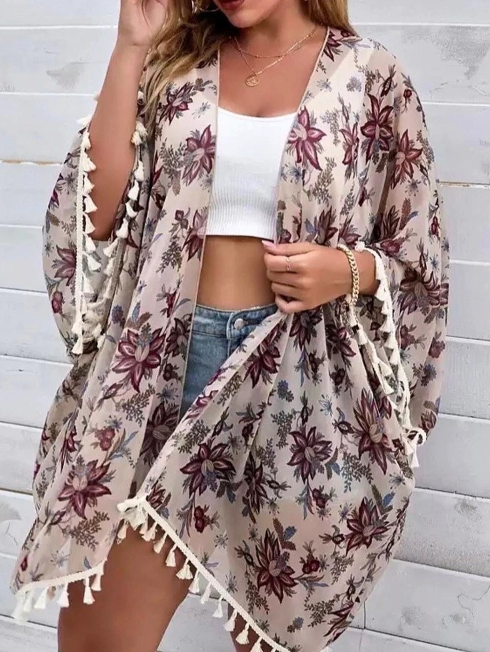 SHEIN Curve • Beige Floral Print Tassel Kimono Size 1XL